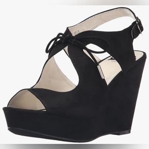 NEW Fergalicious Vicky, black, women's, 8.5, sandal, heel, wedge, lace up